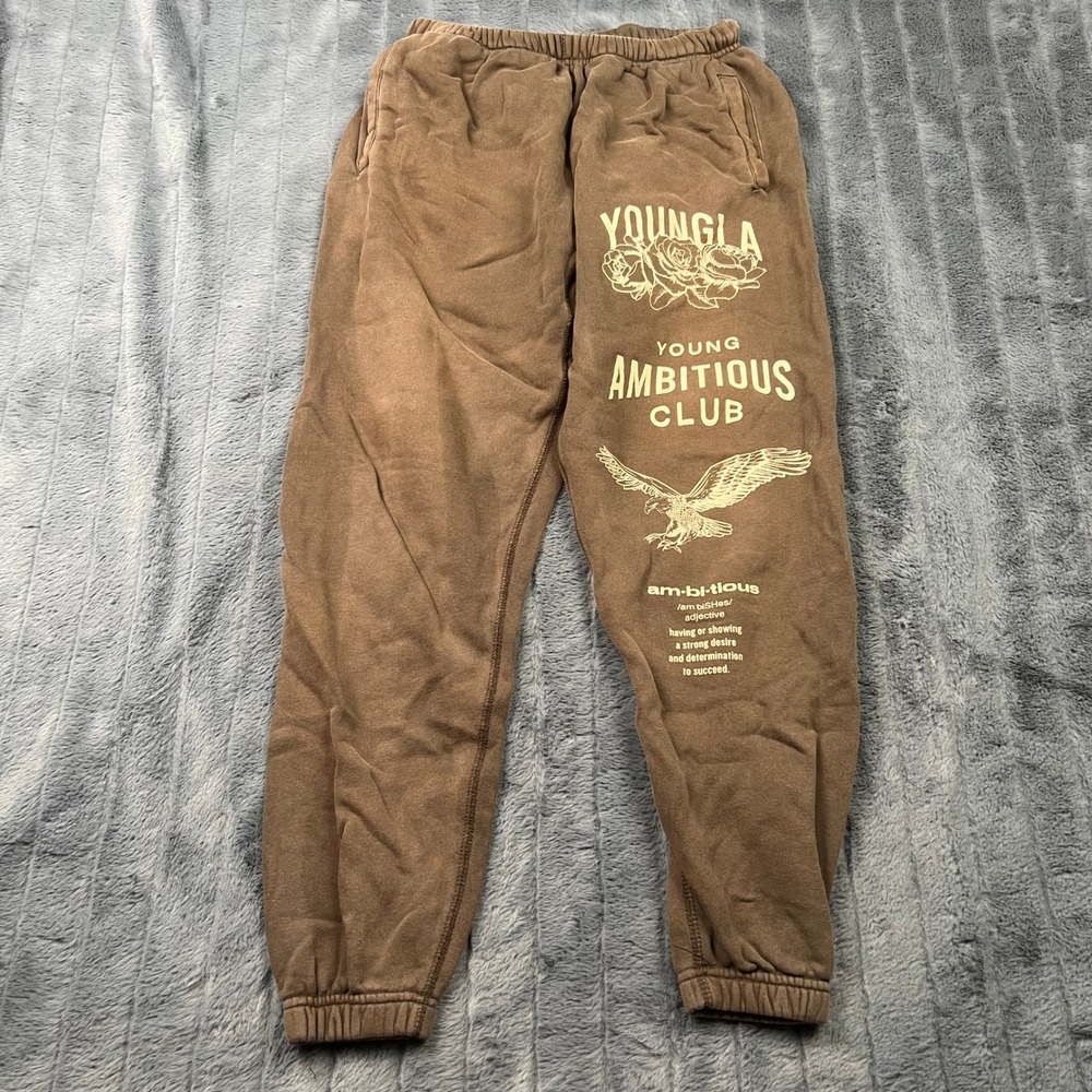YoungLA Ambitious Club Brown Graphic Sweatpants Joggers Mens Small 100% Cotton